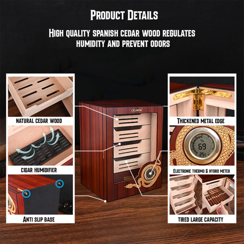 CIGAROL Electric Cigar Humidor Cabinet | Ornate Dragon Design with Spanish Cedar Drawers