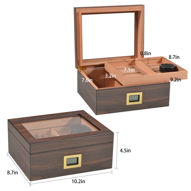 CIGAROL Glass Top Cigar Humidor | Digital Hygrometer & Spanish Cedar Tray