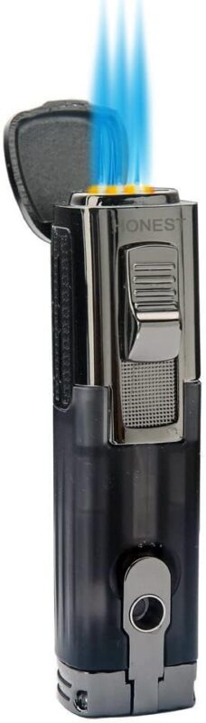 Honest Triple Jet Flame Cigar Torch Lighter - Windproof Butane Refillable Lighter with Built-in Cigar Puncher - Sleek Black Finish