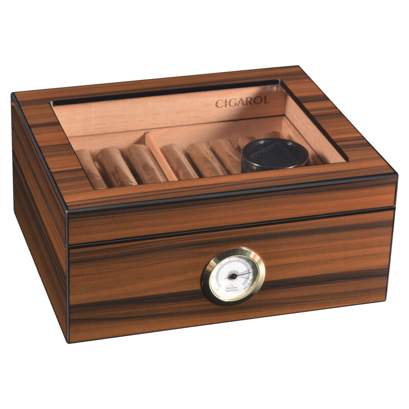 Cigarol Glass Top Desktop Humidor | Classic Wood Finish with Analog or Digital Hygrometer