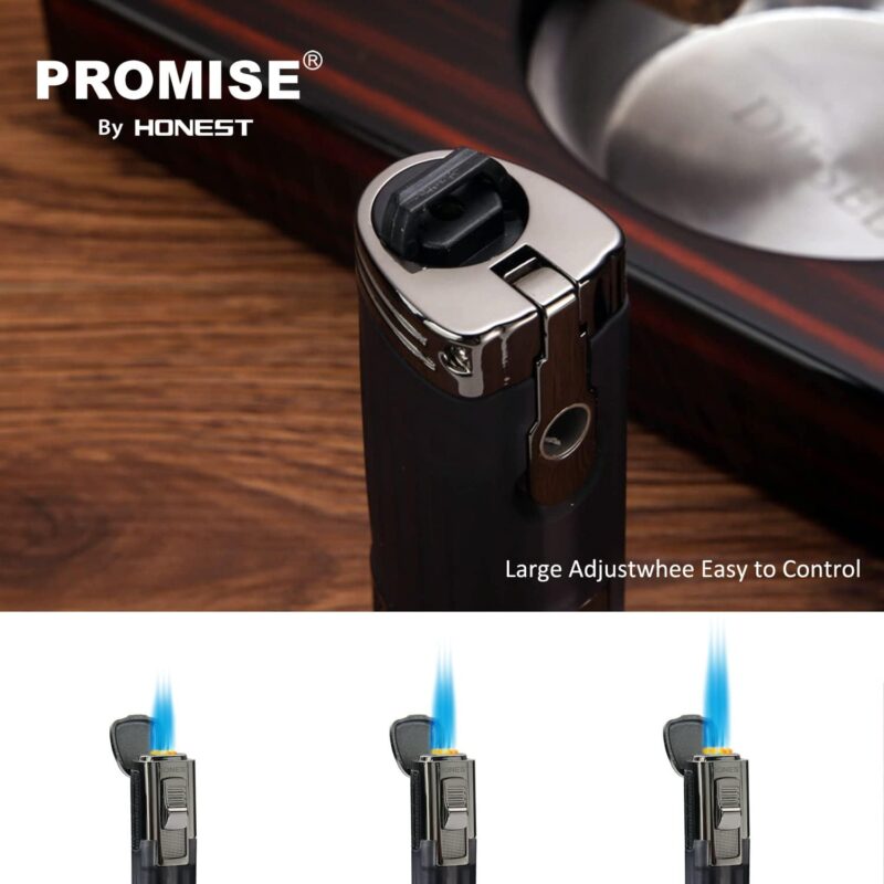 Honest Triple Jet Flame Cigar Torch Lighter - Windproof Butane Refillable Lighter with Built-in Cigar Puncher - Sleek Black Finish