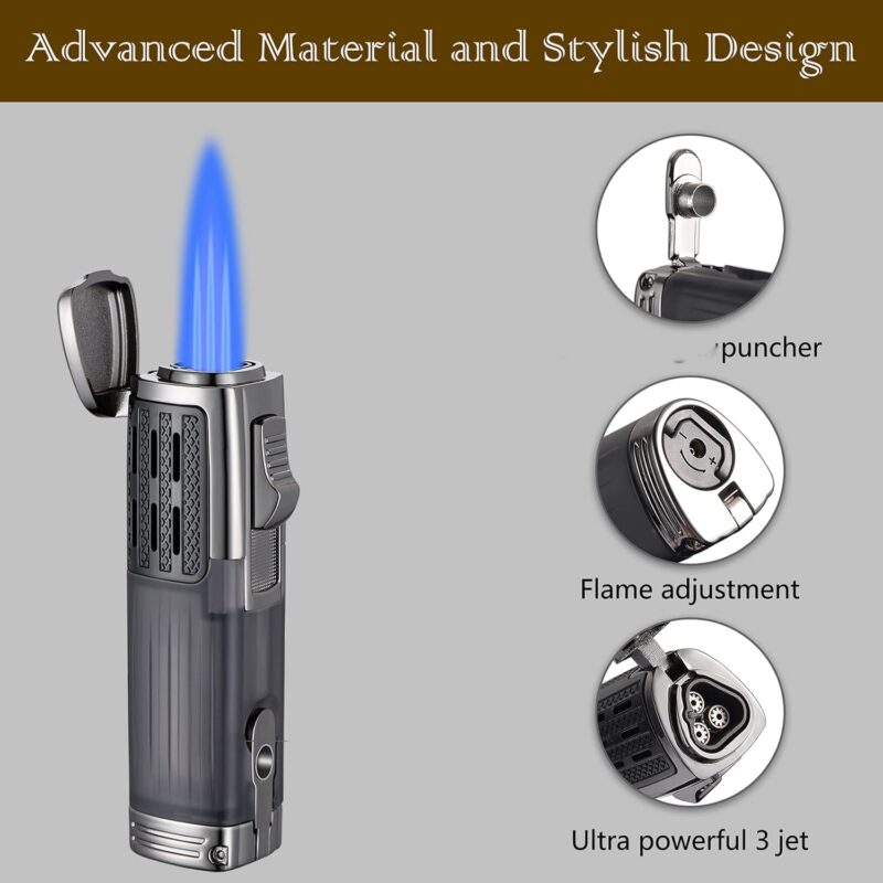 Honest Triple Jet Flame Cigar Torch Lighter - Windproof Butane Refillable Lighter with Built-in Cigar Puncher - Sleek Black Finish