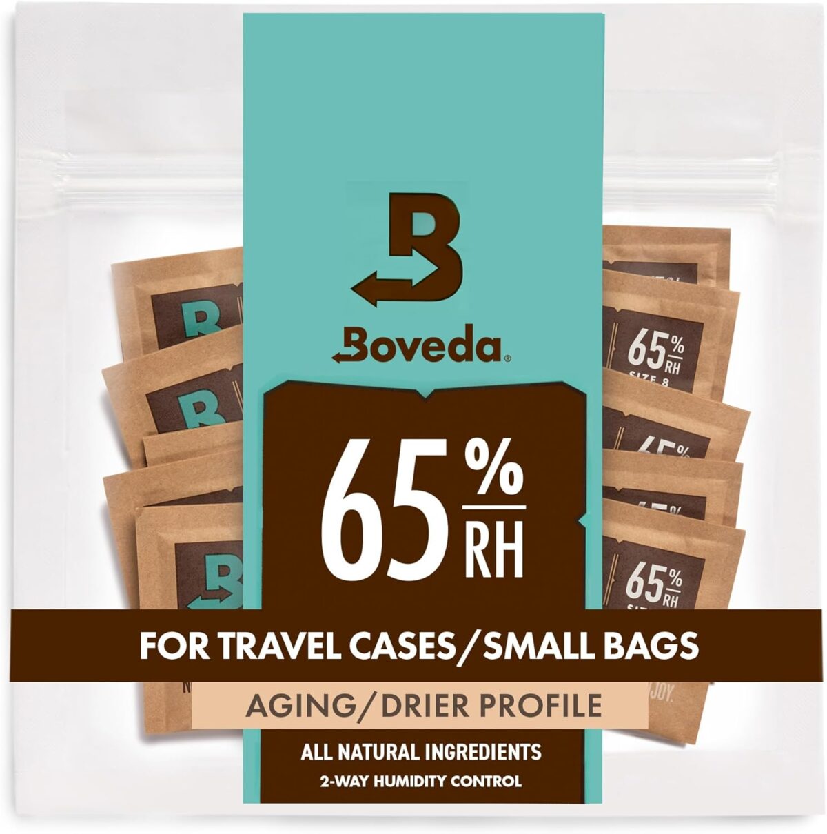 Boveda 65% RH 2-Way Humidity Control – Restores & Maintains Humidity – All In One Solution For Humidification- Patented Technology for Cigar Humidors – Convenient & Versatile - 10 Count Resealable Bag