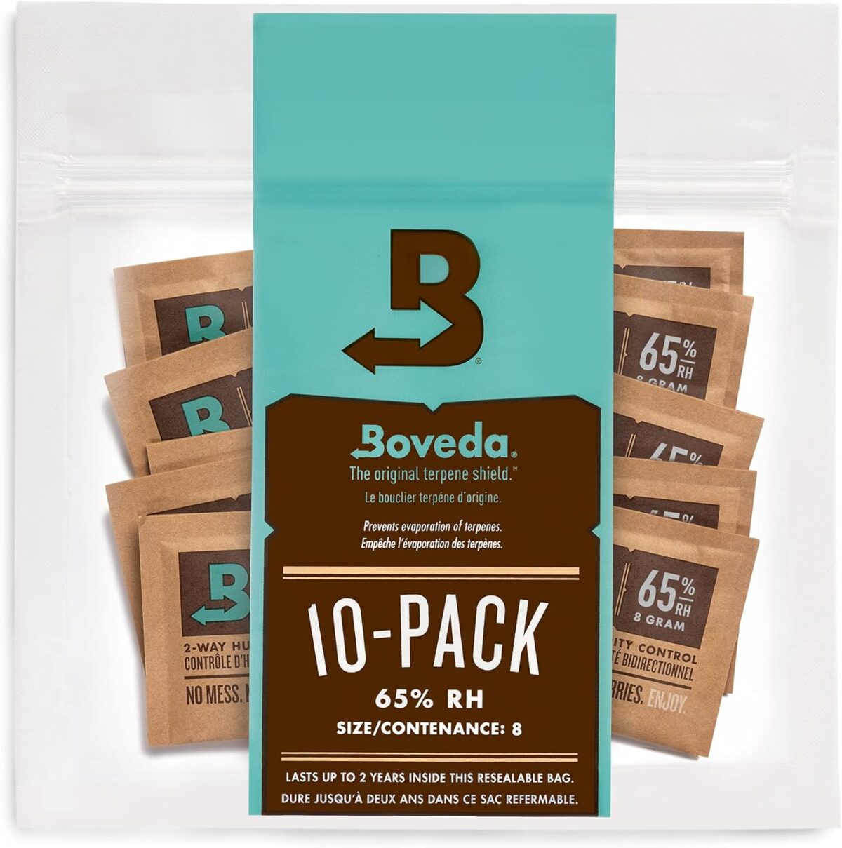 Boveda 65% RH 2-Way Humidity Control – Restores & Maintains Humidity – All In One Solution For Humidification- Patented Technology for Cigar Humidors – Convenient & Versatile - 10 Count Resealable Bag