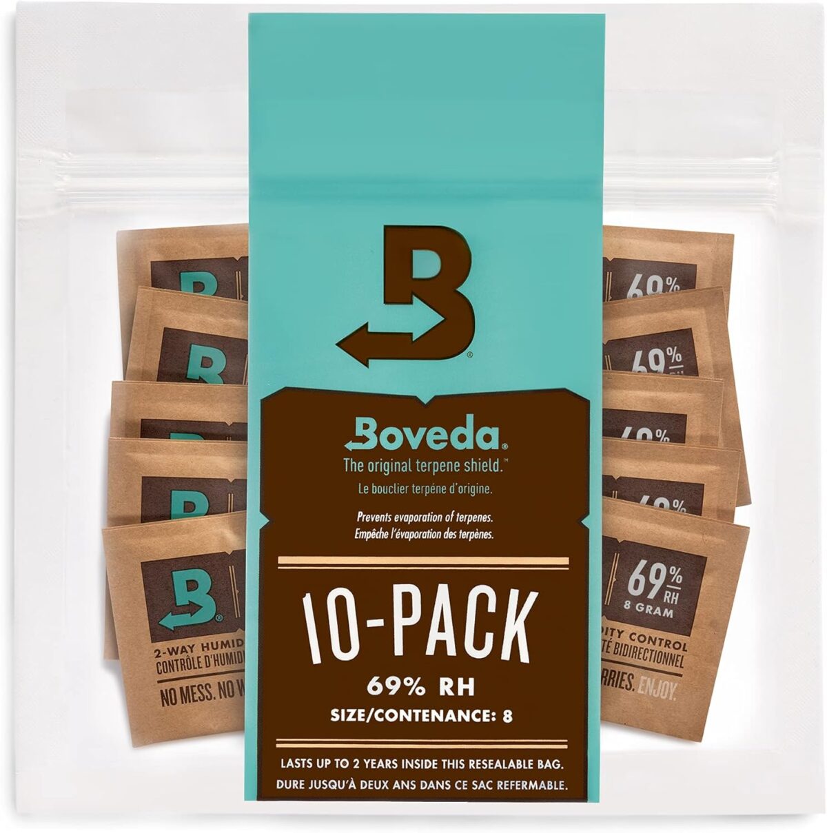 Boveda 69% RH 2-Way Humidity Control – Restores & Maintains Humidity – All In One Solution For Humidification- Patented Technology for Cigar Humidors – Convenient & Versatile - 10 Count Resealable Bag