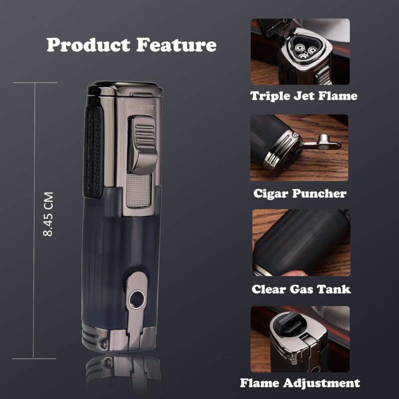 Honest Triple Jet Flame Cigar Torch Lighter - Windproof Butane Refillable Lighter with Built-in Cigar Puncher - Sleek Black Finish