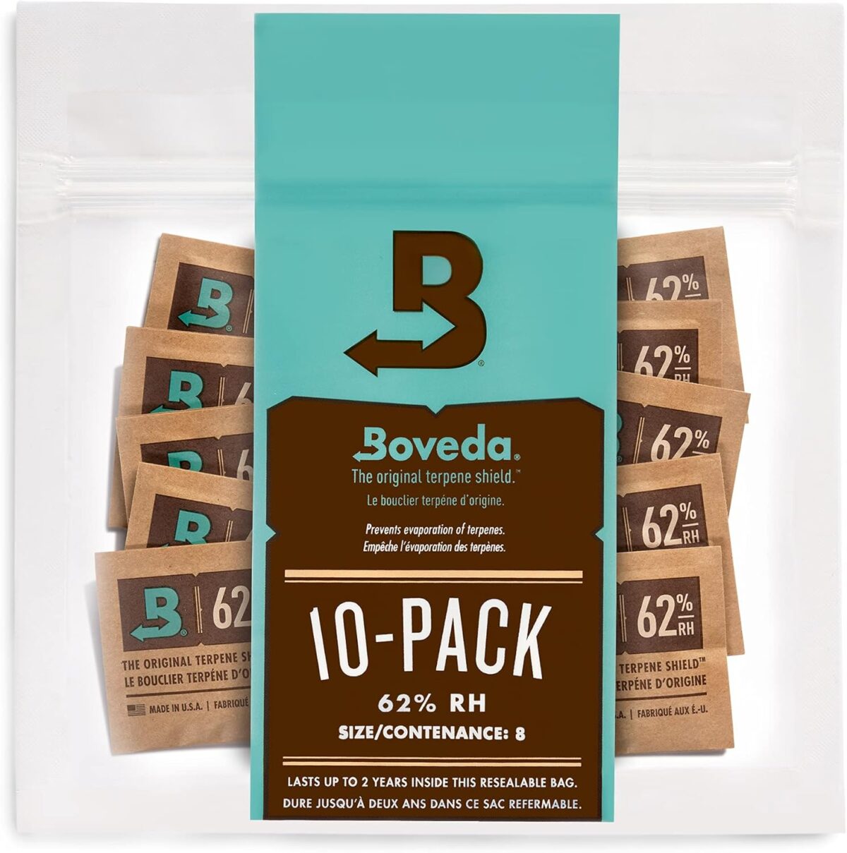 Boveda 62% RH 2-Way Humidity Control | Size 8 in 10-Count Resealable Bag | small bags