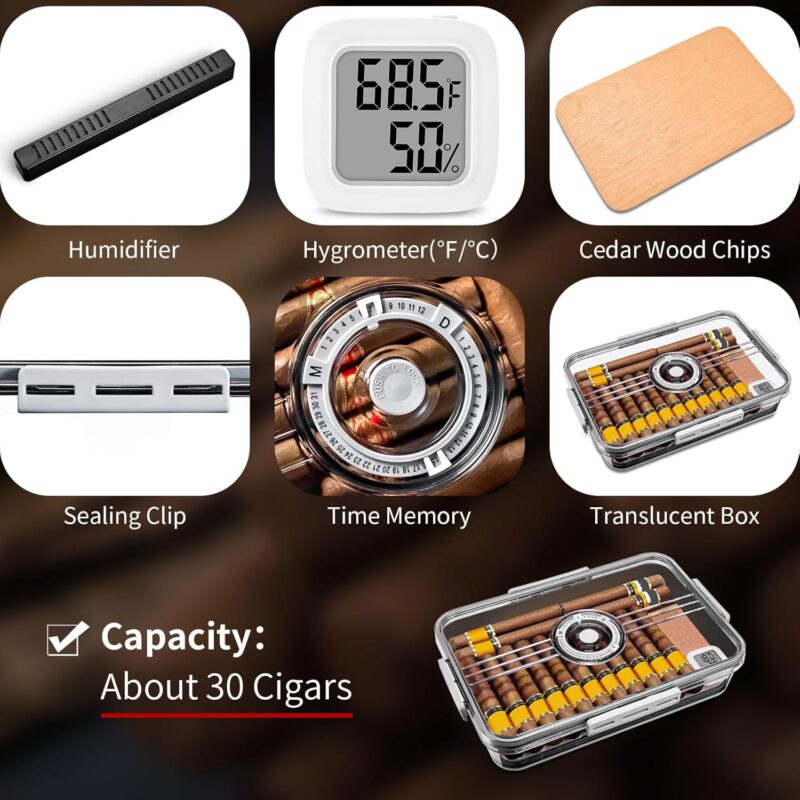 CIGARLOONG Clear Humidor: 30-Cigar Storage Box with Humidifier & Hygrometer