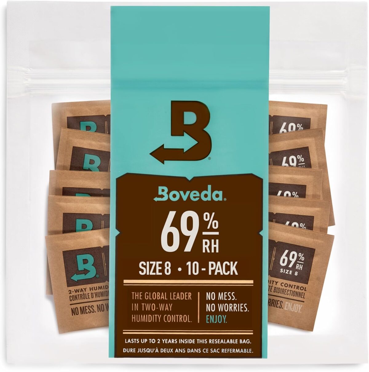Boveda 69% RH 2-Way Humidity Control – Restores & Maintains Humidity – All In One Solution For Humidification- Patented Technology for Cigar Humidors – Convenient & Versatile - 10 Count Resealable Bag