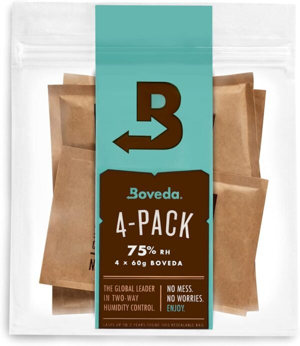 Boveda 75% Two-Way Humidity Control Packs Fix Major Moisture Loss in Non-Plastic Humidifier Boxes – Size 60 – 4 Pack – Moisture Absorbers – Humidifier Packs – Hydration Packets in Resealable Bag
