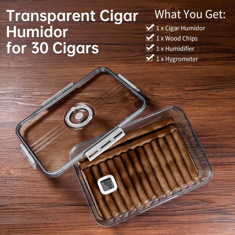CIGARLOONG Clear Humidor: 30-Cigar Storage Box with Humidifier & Hygrometer