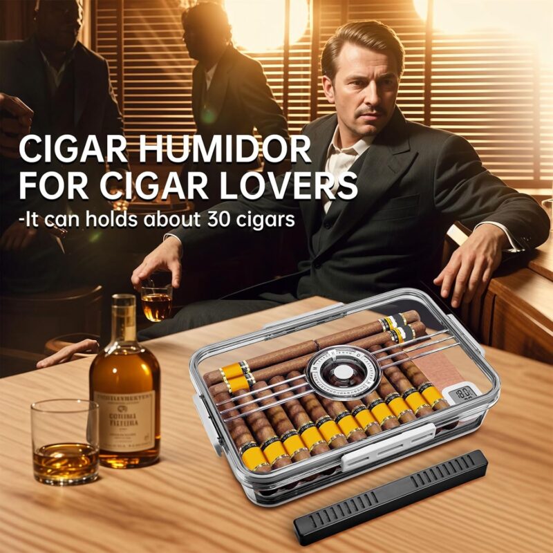 CIGARLOONG Clear Humidor: 30-Cigar Storage Box with Humidifier & Hygrometer