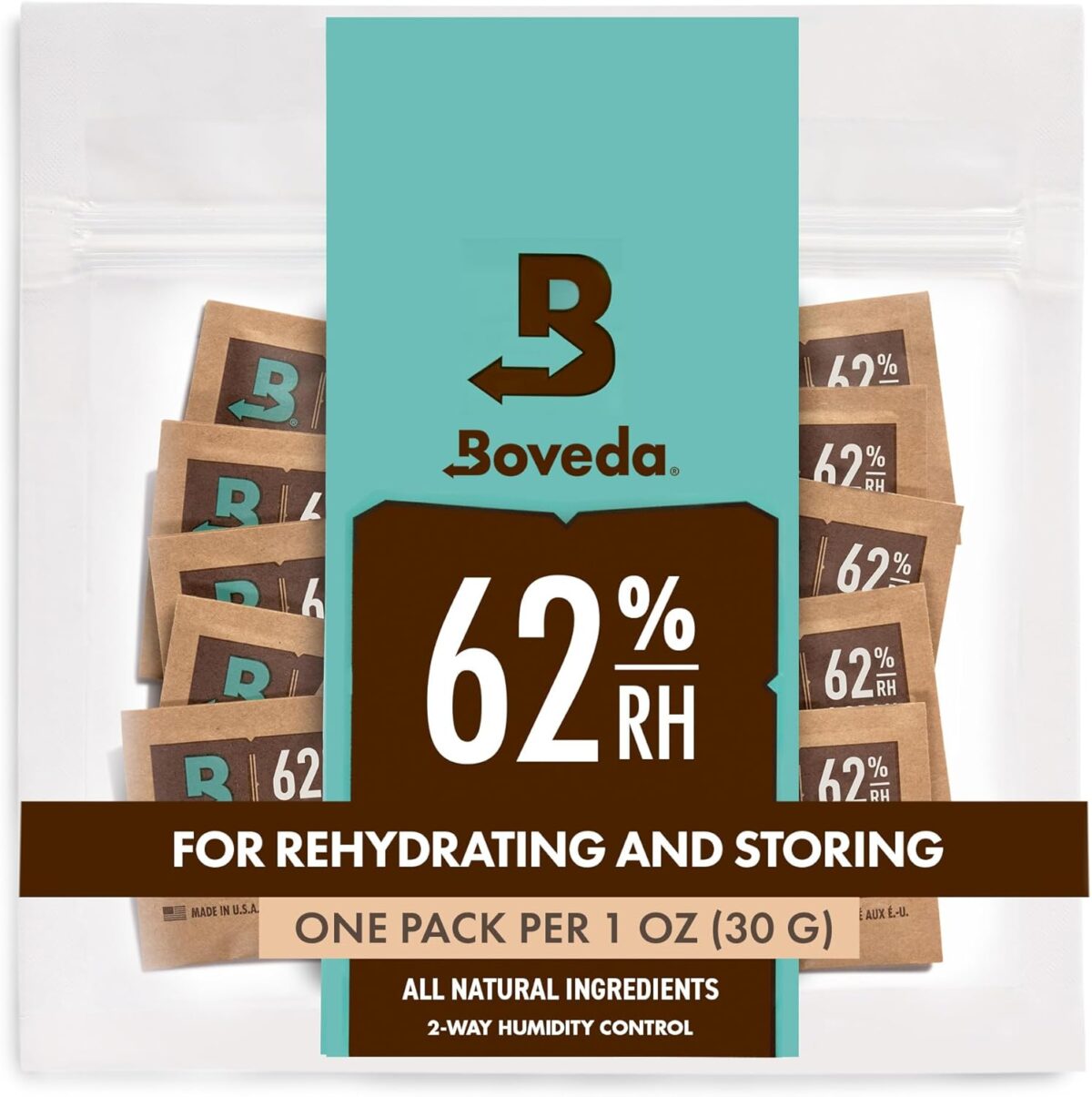 Boveda 62% RH 2-Way Humidity Control | Size 8 in 10-Count Resealable Bag | small bags
