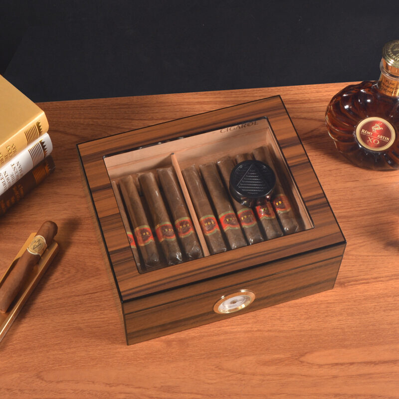 Cigarol Glass Top Desktop Humidor | Classic Wood Finish with Analog or Digital Hygrometer