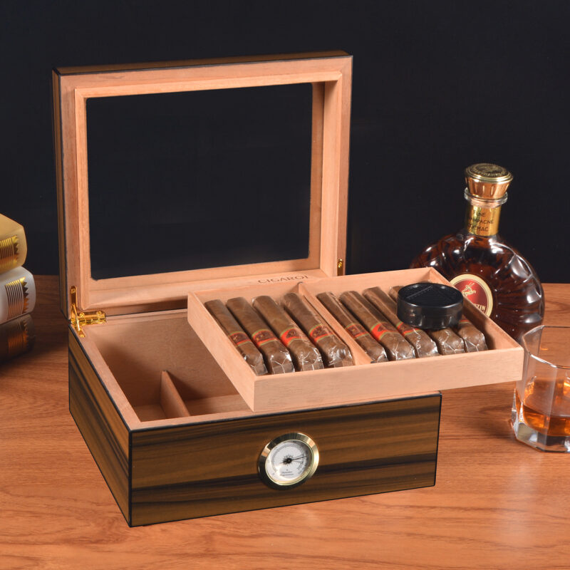 Cigarol Glass Top Desktop Humidor | Classic Wood Finish with Analog or Digital Hygrometer