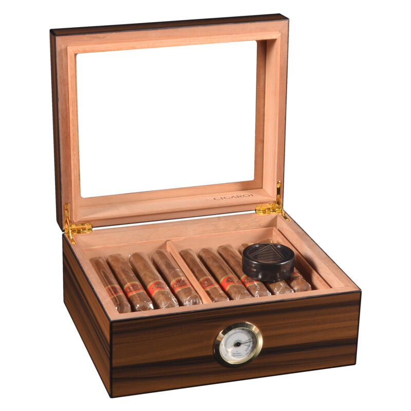 Cigarol Glass Top Desktop Humidor | Classic Wood Finish with Analog or Digital Hygrometer