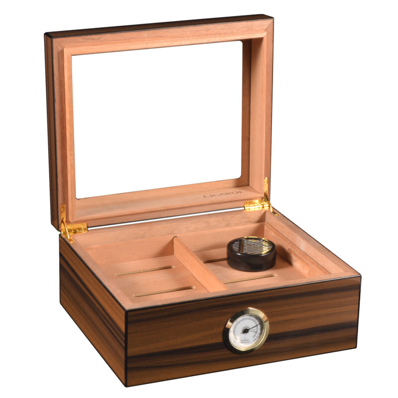 Cigarol Glass Top Desktop Humidor | Classic Wood Finish with Analog or Digital Hygrometer
