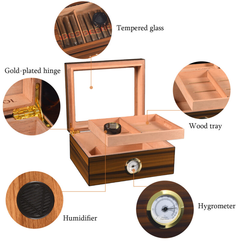 Cigarol Glass Top Desktop Humidor | Classic Wood Finish with Analog or Digital Hygrometer