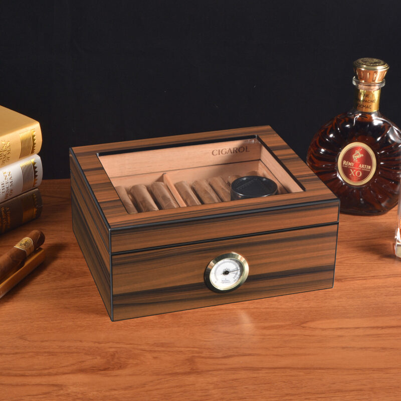 Cigarol Glass Top Desktop Humidor | Classic Wood Finish with Analog or Digital Hygrometer