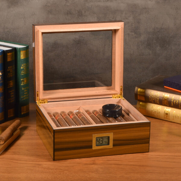 Glass Top Desktop Humidor | Zebrano Wood Finish with Analog or Digital Hygrometer - Image 4