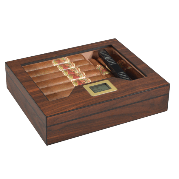 Glass Top Desktop Humidor | Elegant Wood Finish with Analog or Digital Hygrometer
