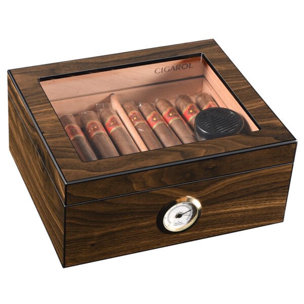 CIGAROL desktop Glass Top Cigar Humidor | Classic Wood Design with Analog Hygrometer - Image 2
