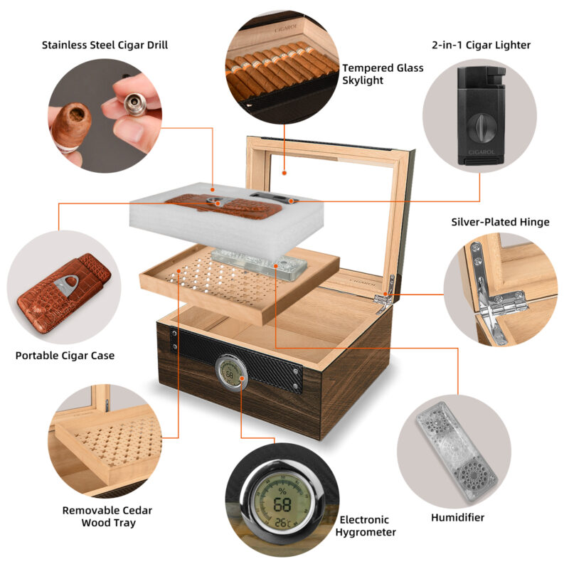 Cigarol Glass Top Humidor Set | Modern Carbon Fiber Design with Digital Hygrometer & Accessories