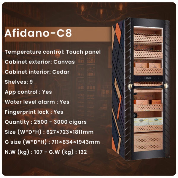 Afidano C8 Luxury electric cigar humidor, 2500-3000 Capacity, Sculptural Canvas Finish, HPR Climate Control, 9 Spanish Cedar Drawers, app-Controlled & Fingerprint Lock - Image 8