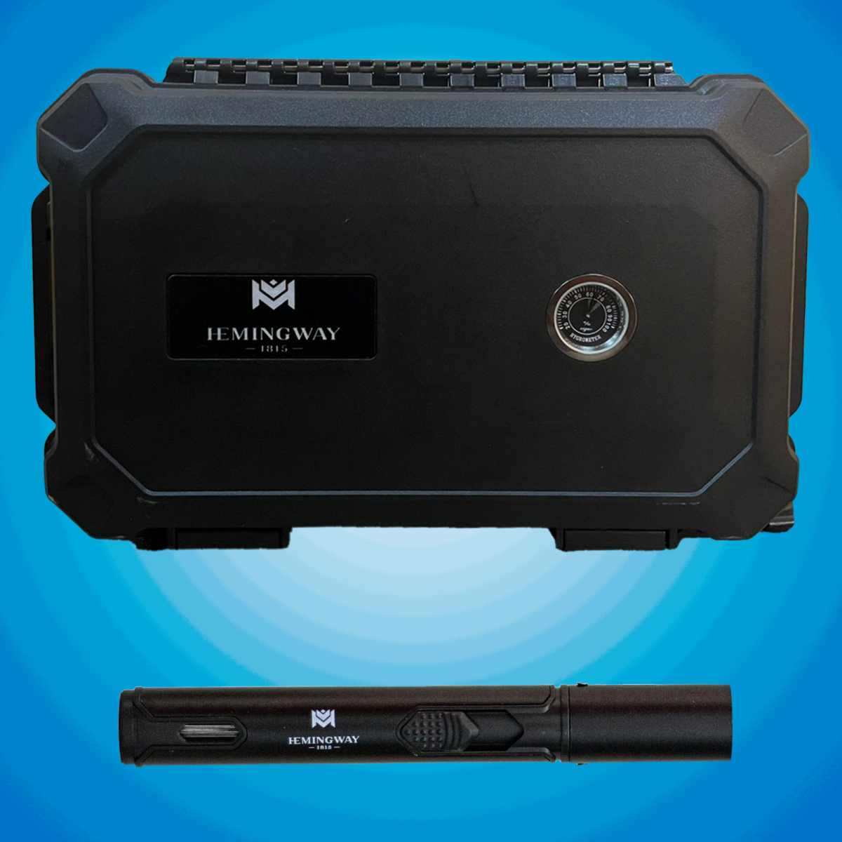 Hemingway Travel Cigar Humidor Case,15 Cigar Capacity, Portable Cigar Box with Built-In Hygrometer & Humidifier, Airtight Waterproof Humidor for Travel, Durable Plastic Protection, free lighter