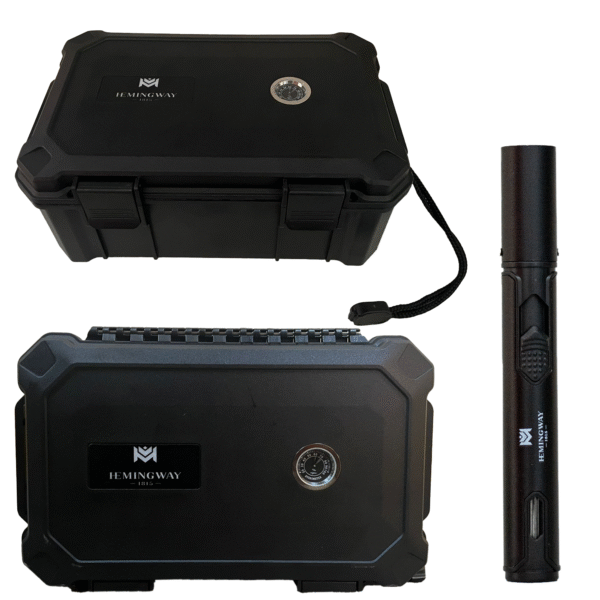 Hemingway Travel Cigar Humidor Case,15 Cigar Capacity, Portable Cigar Box with Built-In Hygrometer & Humidifier, Airtight Waterproof Humidor for Travel, Durable Plastic Protection, free lighter