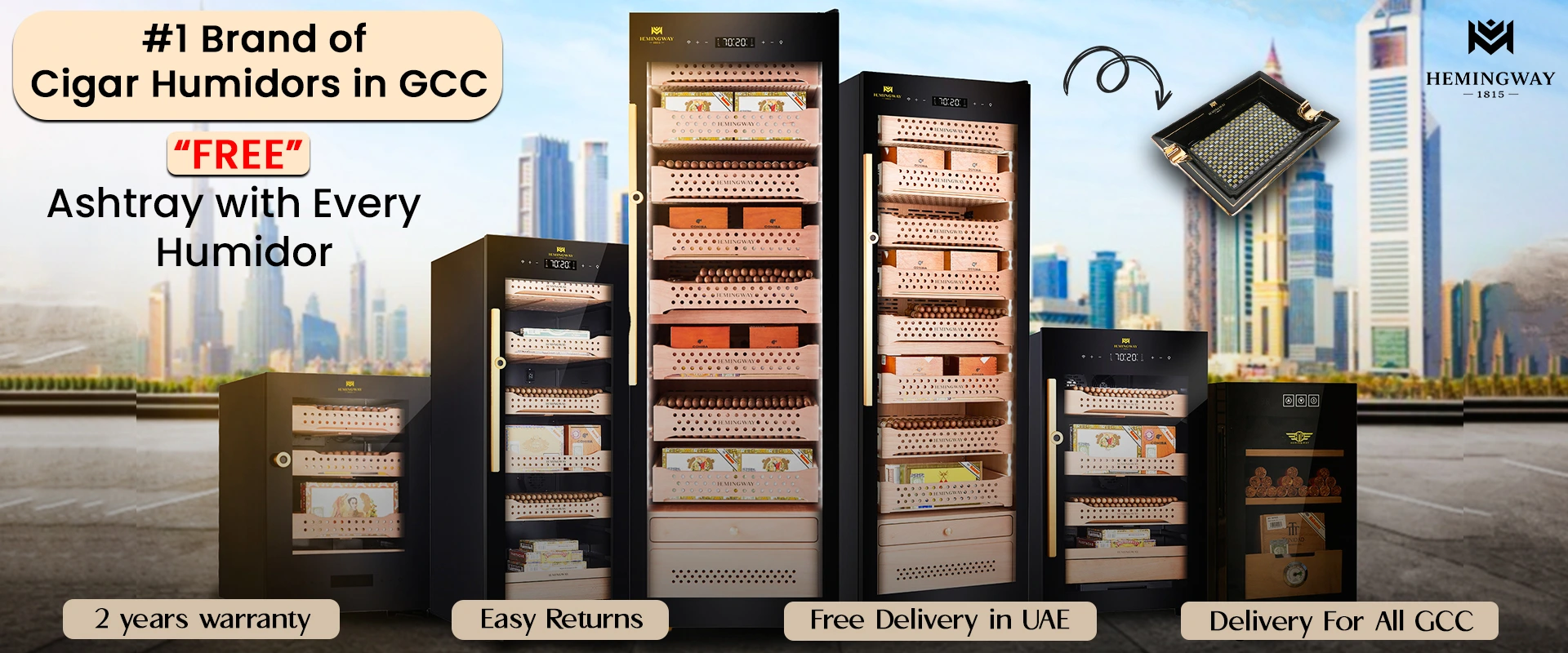 Hemingway cigar humidor banner showing free ashtray offer in UAE GCC