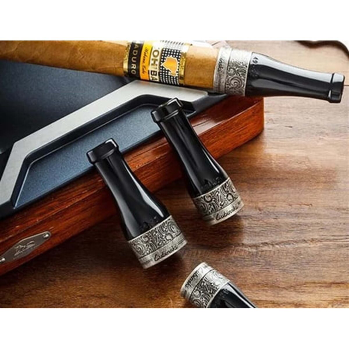 Lubinski 4-Piece Cigar Mouthpiece Set (42-57 Ring Gauge) - Premium Quality Black with Silver Band - Perfect for Cigar Lovers