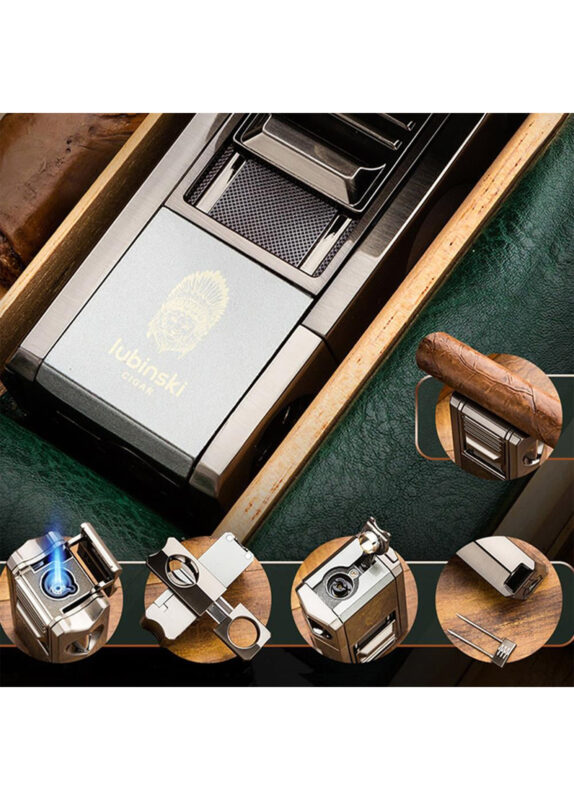 Lubinski Cigar Travel Humidor Set with 5-in-1 premium Lighter, inbulid hydrometer - Premium Brown Leather, 6 Cigar Capacity, Compact and Durable for Travel - Ideal Gift for Cigar Enthusiasts