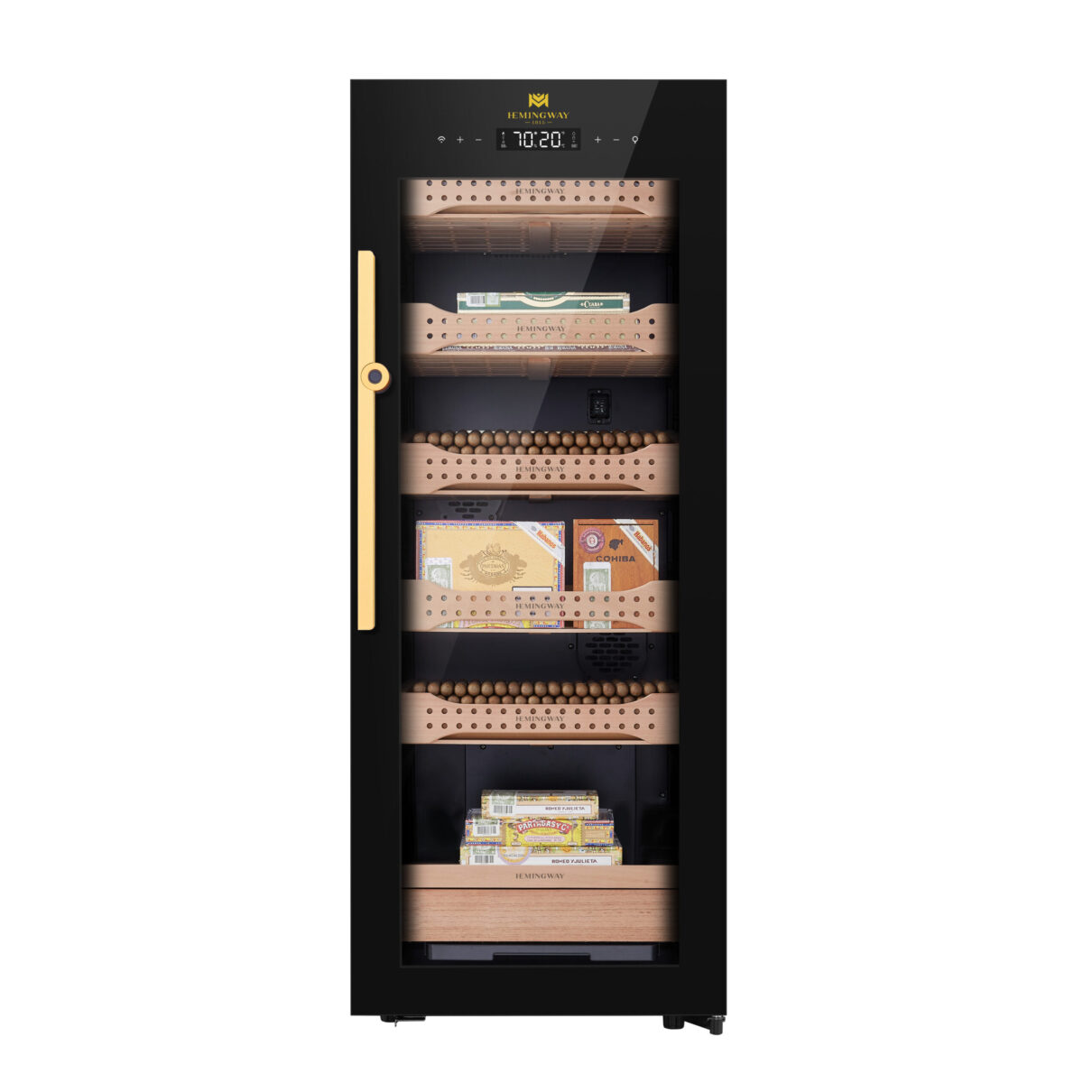 Hemingway Electric Cigar Humidor, Dual‑Zone Smart Humidifier with Touchscreen & Digital Hygrometer, Wi‑Fi App Control, UV‑Protected Glass, Spanish Cedar WOOD, Holds Up to 1200 Cigars – (CH200AH-B4)