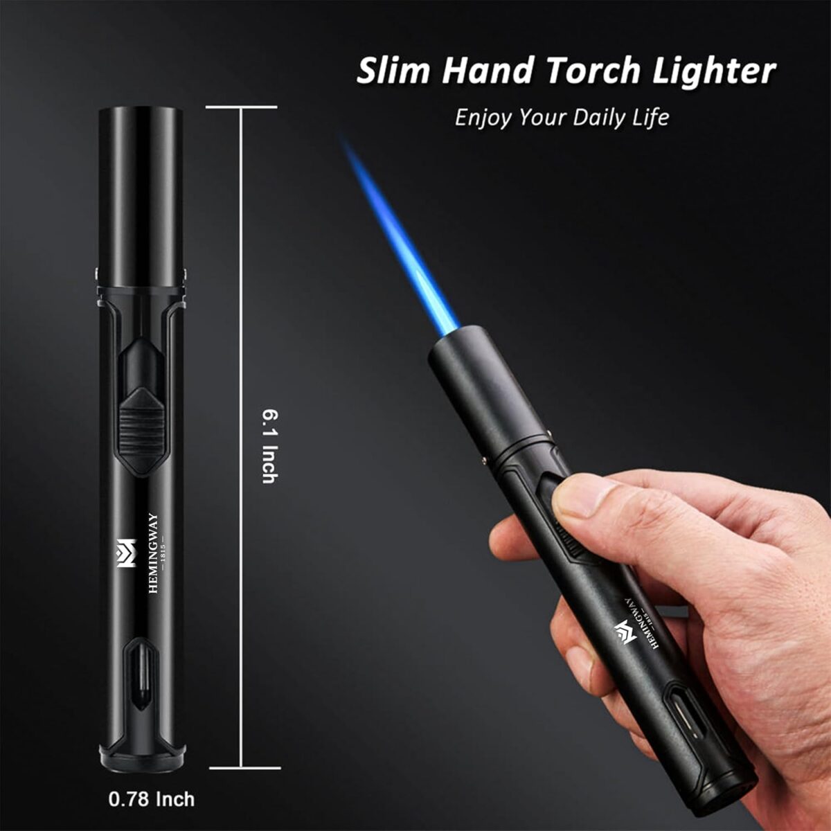 HEMINGWAY Single Jet Torch Lighters – Windproof Refillable Butane Pen-Style Lighters with Powerful Blue Flame – Portable for Candles, Culinary, BBQ & Camping