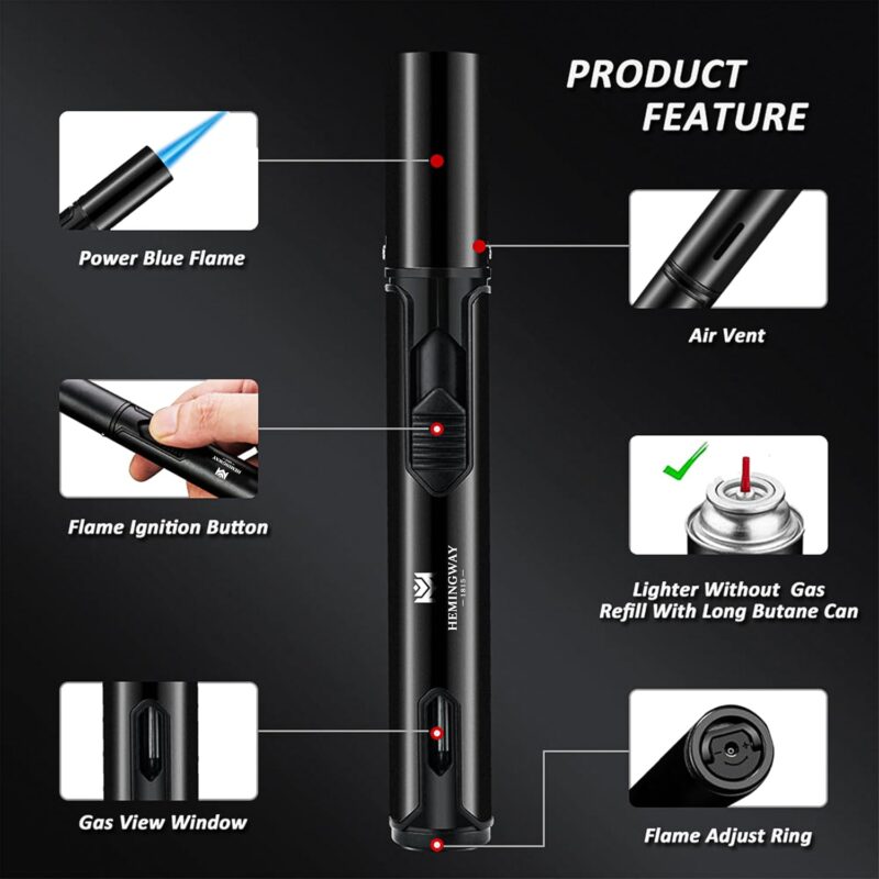 HEMINGWAY Single Jet Torch Lighters – Windproof Refillable Butane Pen-Style Lighters with Powerful Blue Flame – Portable for Candles, Culinary, BBQ & Camping