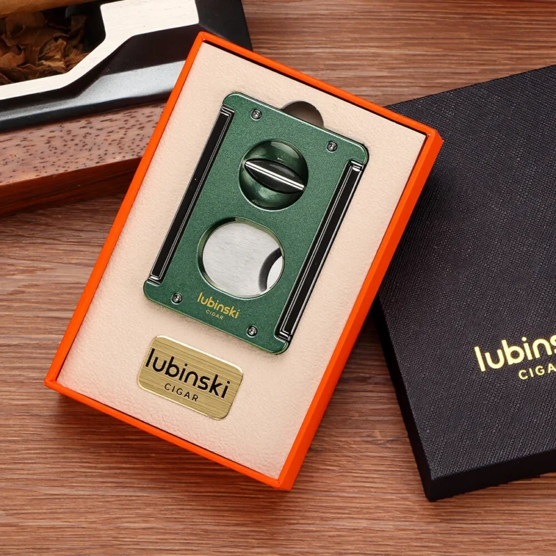 Lubinski Luxury V-Cut Cigar Cutter – Green Metal Sharp Guillotine with Punch | Travel Gift Box