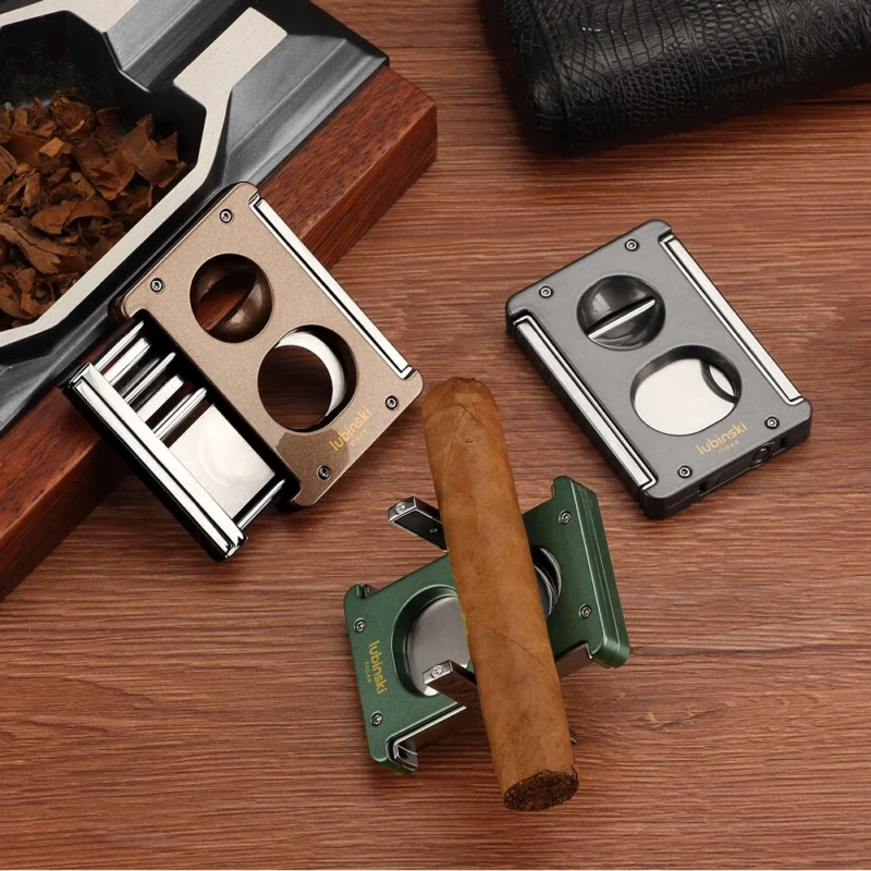 Lubinski Luxury V-Cut Cigar Cutter – Green Metal Sharp Guillotine with Punch | Travel Gift Box
