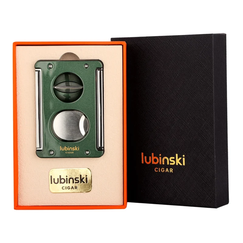 Lubinski Luxury V-Cut Cigar Cutter – Green Metal Sharp Guillotine with Punch | Travel Gift Box