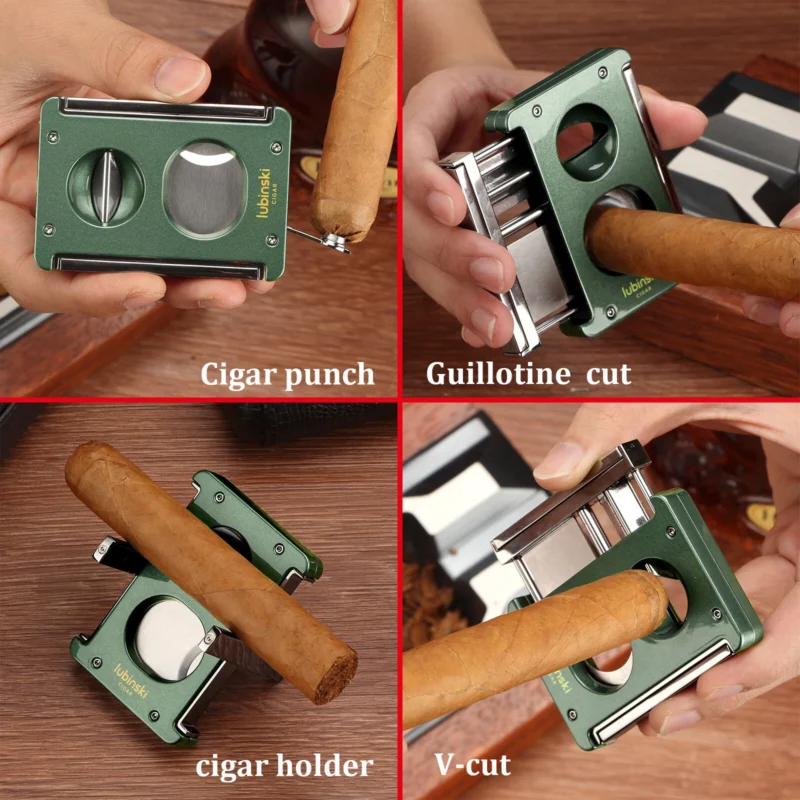 Lubinski Luxury V-Cut Cigar Cutter – Green Metal Sharp Guillotine with Punch | Travel Gift Box