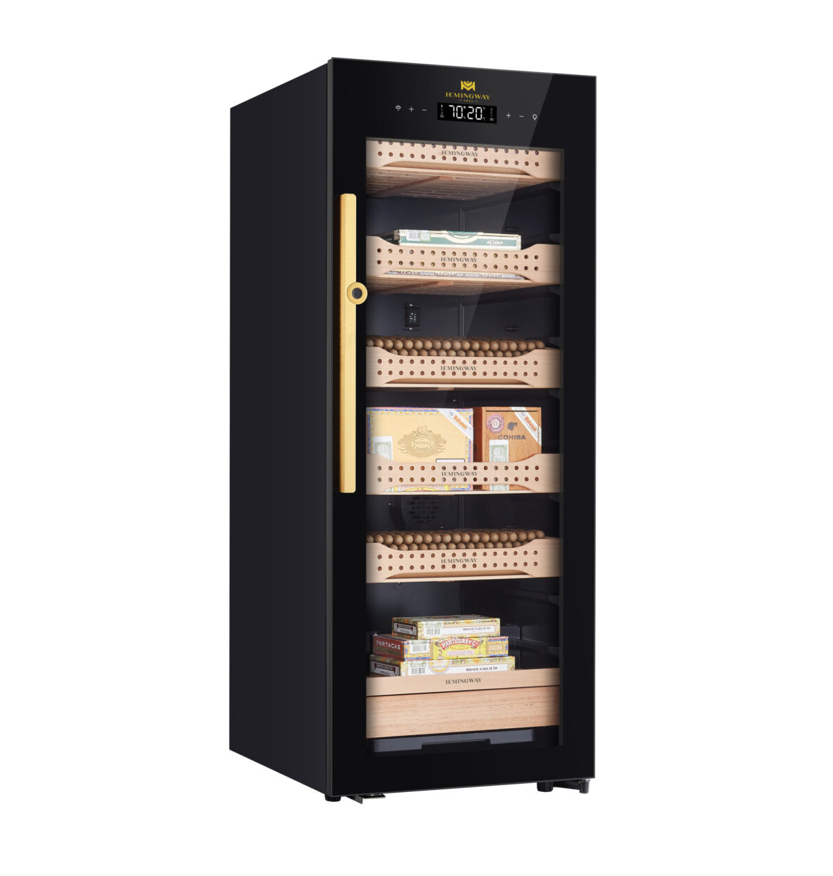 Hemingway Electric Cigar Humidor, Dual‑Zone Smart Humidifier with Touchscreen & Digital Hygrometer, Wi‑Fi App Control, UV‑Protected Glass, Spanish Cedar WOOD, Holds Up to 1200 Cigars – (CH200AH-B4)