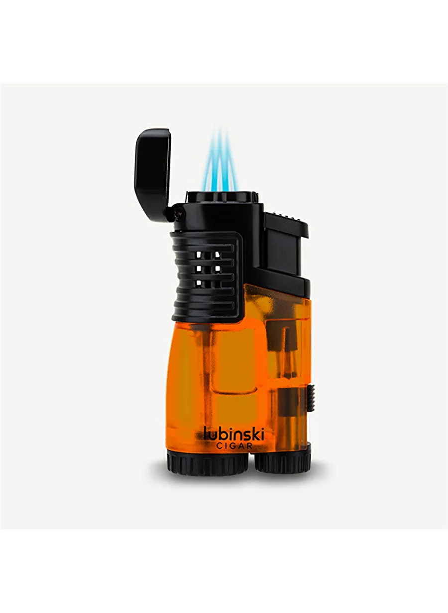 LUBINSKI Cigar Cutter and Torch Lighter 3 Jet Cigar Lighter w Punch, Security Lock Cigar Cutter W Cigar Stand Gift Set (Orange)