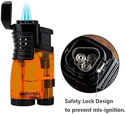 LUBINSKI Cigar Cutter and Torch Lighter 3 Jet Cigar Lighter w Punch, Security Lock Cigar Cutter W Cigar Stand Gift Set (Orange)