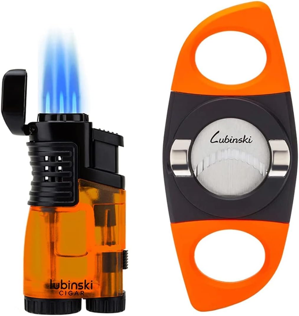 LUBINSKI Cigar Cutter and Torch Lighter 3 Jet Cigar Lighter w Punch, Security Lock Cigar Cutter W Cigar Stand Gift Set (Orange)