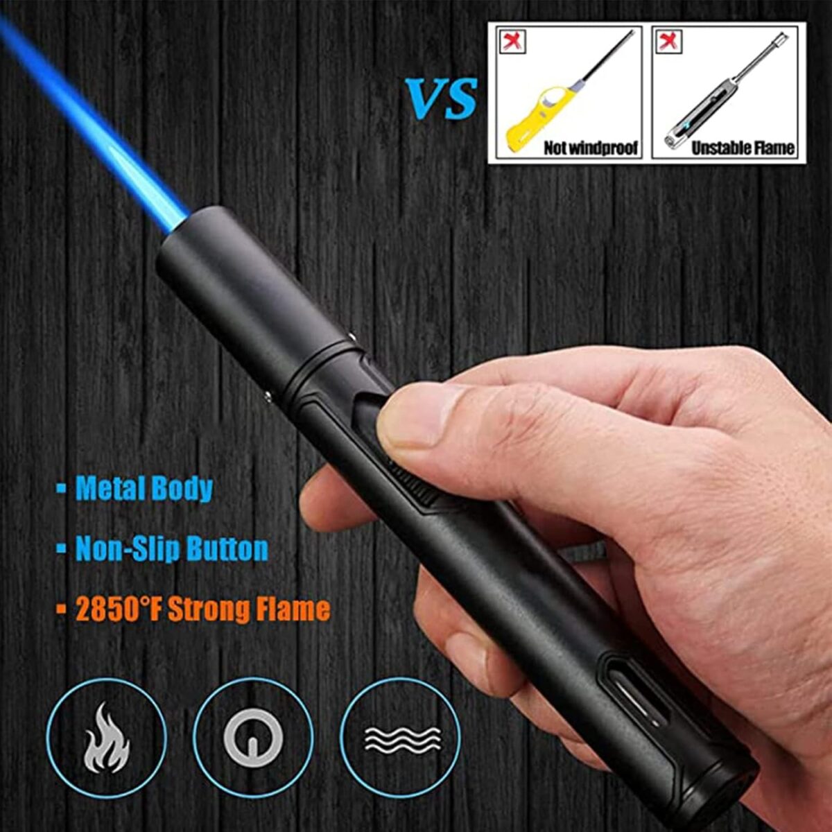 Windproof Torch Flame Lighter – Refillable Butane, Adjustable Blue Flame, Premium Metal Design (Gas Not Included)