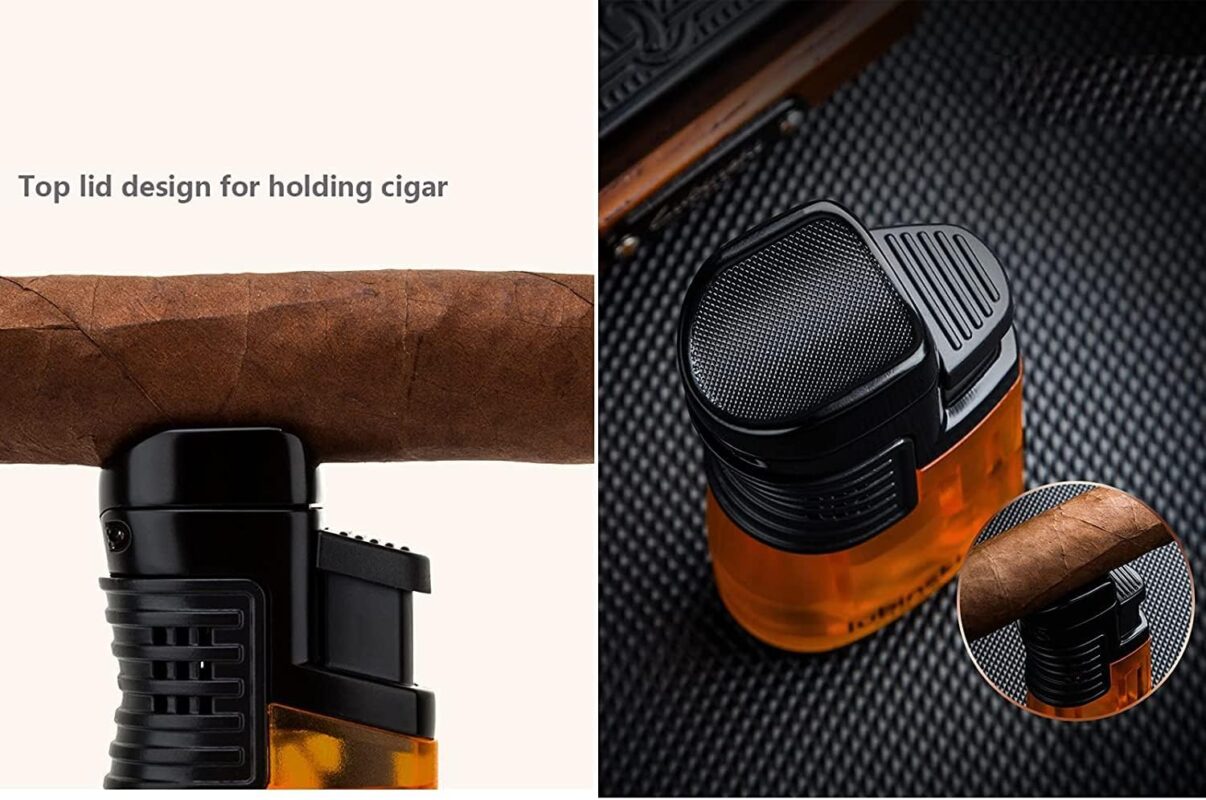 LUBINSKI Cigar Cutter and Torch Lighter 3 Jet Cigar Lighter w Punch, Security Lock Cigar Cutter W Cigar Stand Gift Set (Orange)